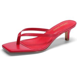 Dream Pairs Women Red Faux Leather  Square Open Toe  Low Heels Sandals Shoes
